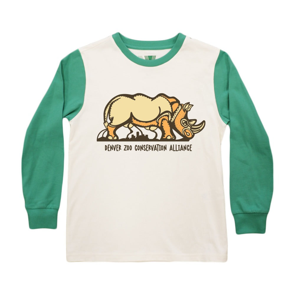 The DZCA Sporty Pop Rhinoceros Youth T-Shirt is a unisex organic cotton long sleeve tee with green sleeves and neckline, featuring an illustrated rhinoceros and “Denver Zoo Conservation Alliance” on the front.