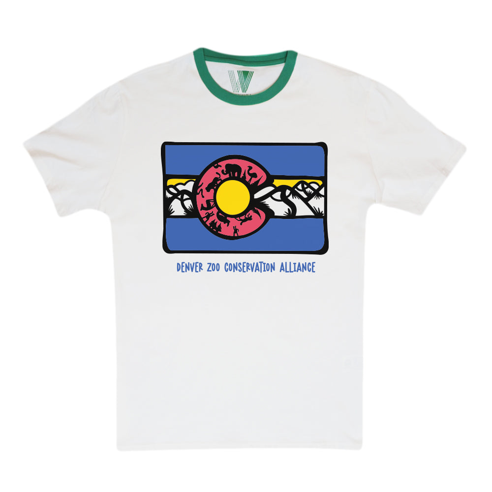 The DZCA Ringer T-Shirt is a white organic cotton shirt with a green collar, featuring a vintage Colorado flag graphic with animal silhouettes and the text "DENVER ZOO CONSERVATION ALLIANCE" below.