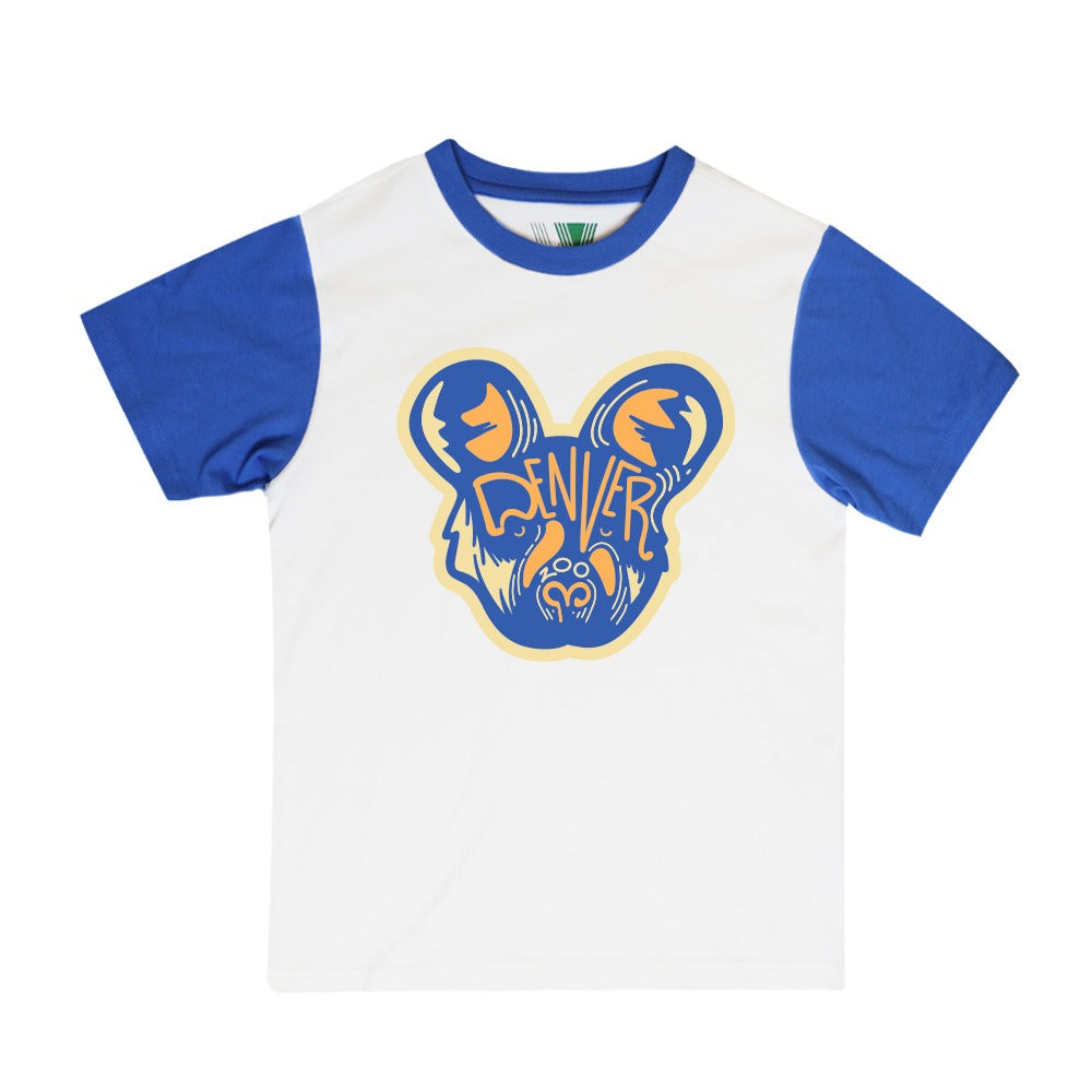 The DZCA Sporty Pop Youth T-Shirt is a white kids tee with blue sleeves, featuring a colorful stylized bear face in blue, yellow, and orange and "Denver" printed on the bear's forehead.