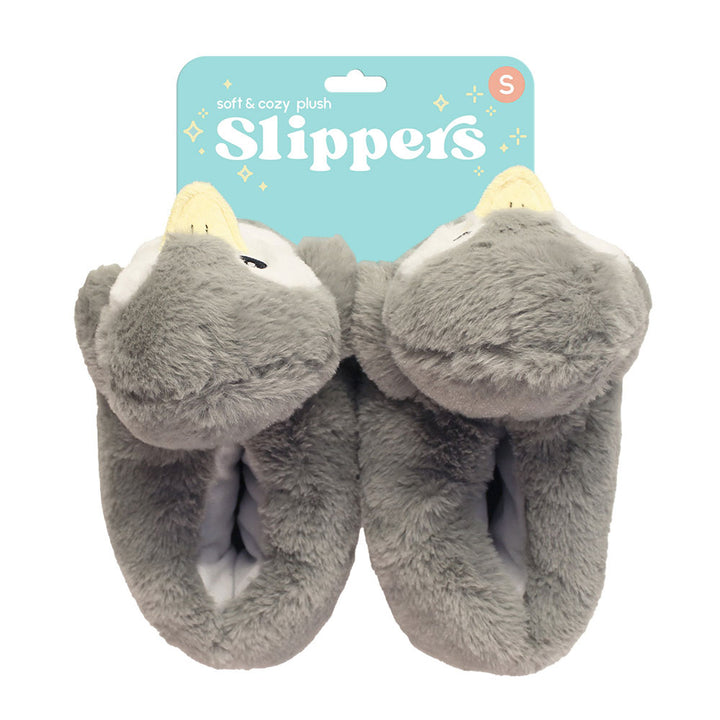 Soft gray Penguin Plush Slipper with cute animal face, “Slippers” label in light blue, and cozy plush upper. Size S shown—perfect novelty slipper for relaxing in comfort.