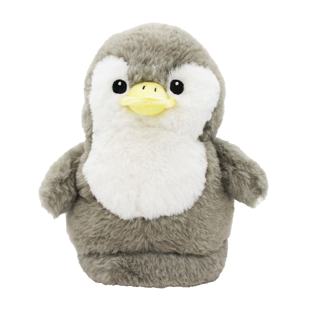 The Penguin Plush Slipper features a baby penguin design with soft gray fur, a white belly and face, black eyes, and a yellow beak—ideal for anyone who loves cute novelty slippers.
