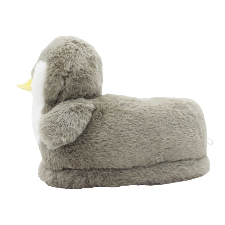 The Penguin Plush Slipper, made from recycled polyester, features a plush gray penguin design with a yellow beak and white face. Shown from the side on a plain white background, these cozy novelty slippers are perfect for any season.