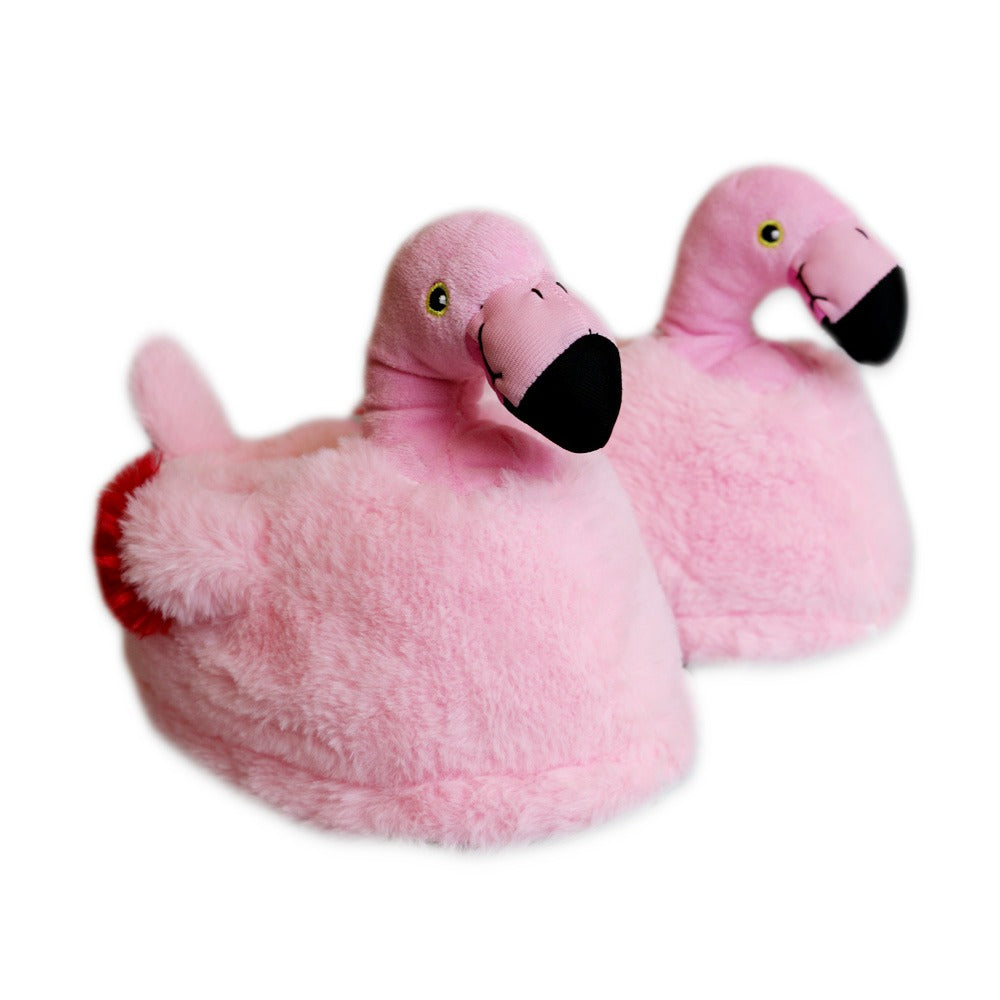 A pair of Flamingo Plush Slippers, featuring pink flamingos with black beaks and yellow eyes, are placed side by side on a white background.