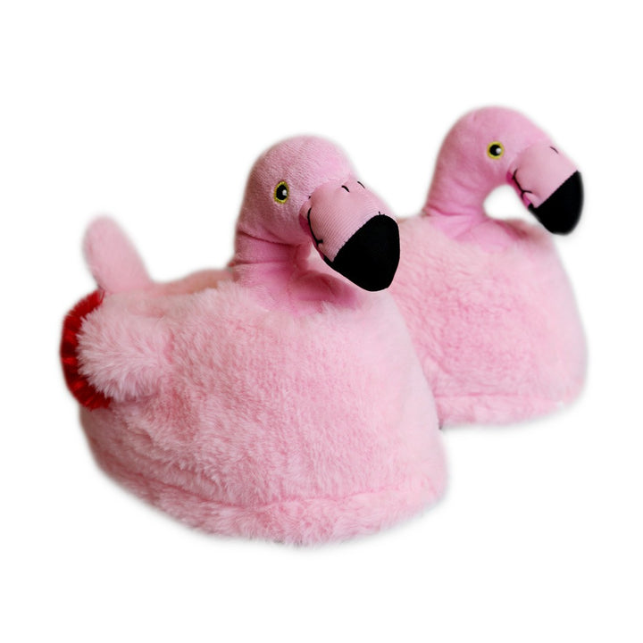 A pair of Flamingo Plush Slippers, featuring pink flamingos with black beaks and yellow eyes, are placed side by side on a white background.