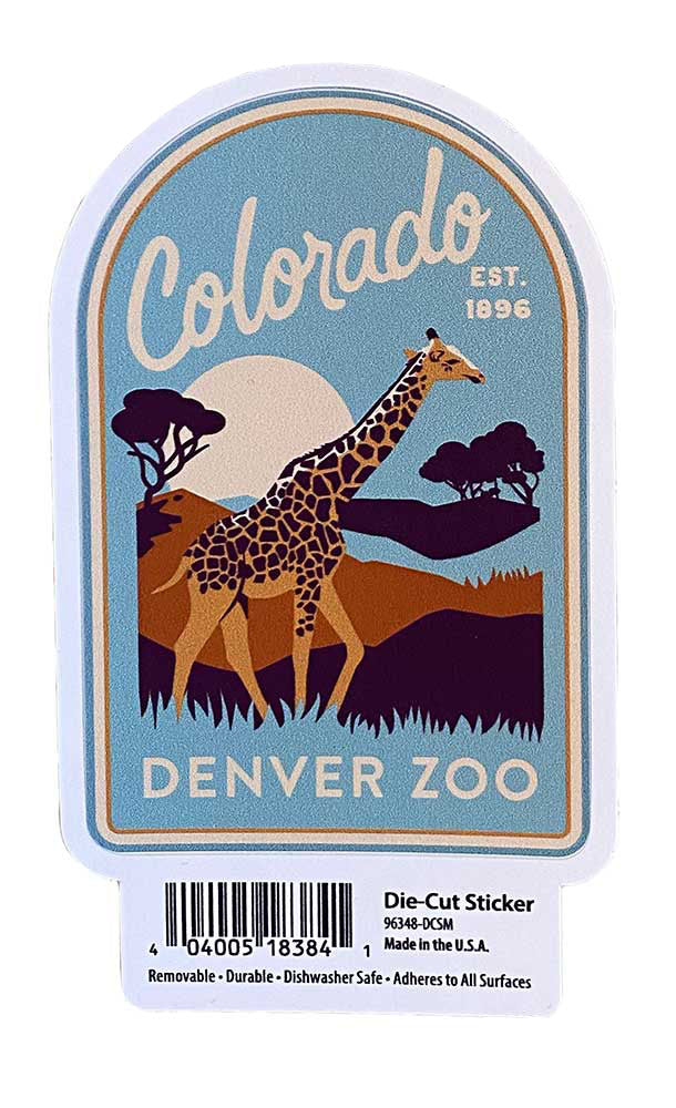 The Denver Zoo Giraffe Sticker features a colorful giraffe with mountain scenery and the text "Colorado EST. 1896 Denver Zoo," plus a barcode and product details at the bottom.