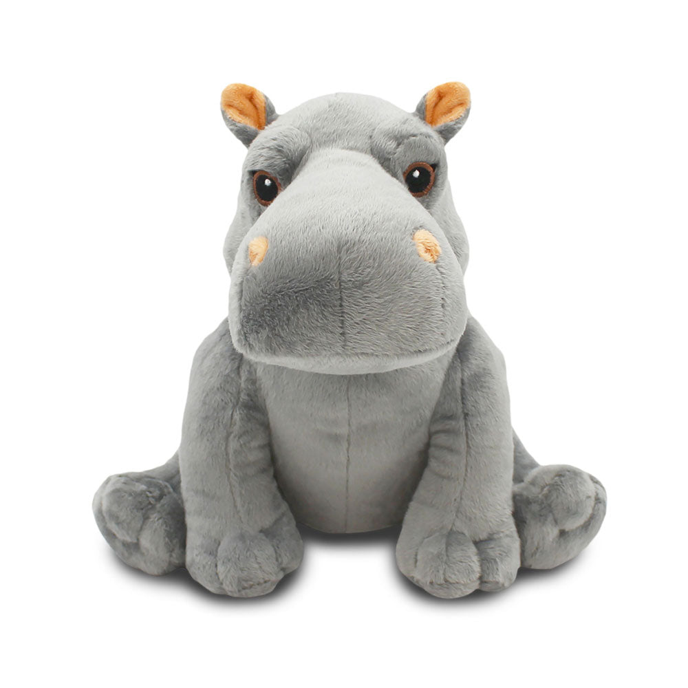 The Hippopotamus Adoption Kit features a gray plush hippo with orange accents on its ears and snout, sitting upright with large round eyes—a soft, cuddly animal adoption gift that's perfect for any occasion.