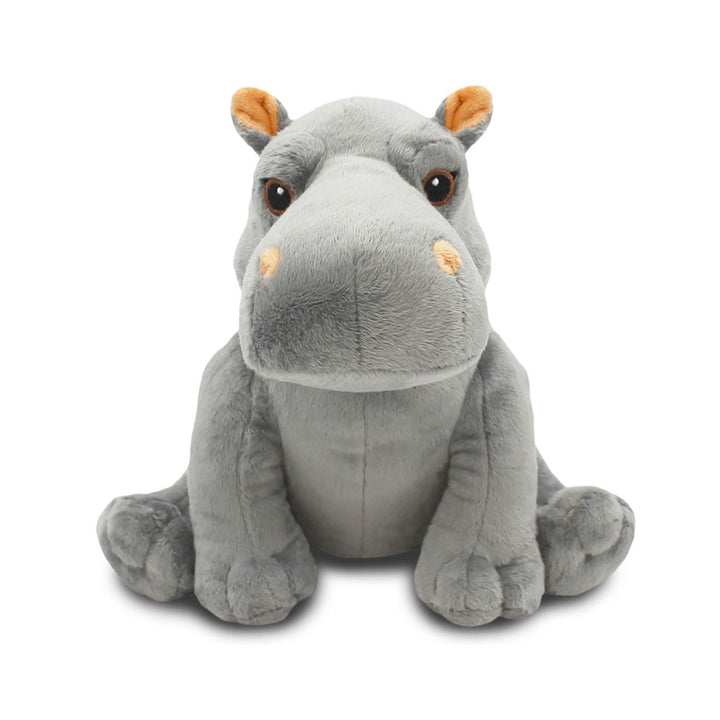 The Hippopotamus Adoption Kit features a gray plush hippo with orange accents on its ears and snout, sitting upright with large round eyes—a soft, cuddly animal adoption gift that's perfect for any occasion.