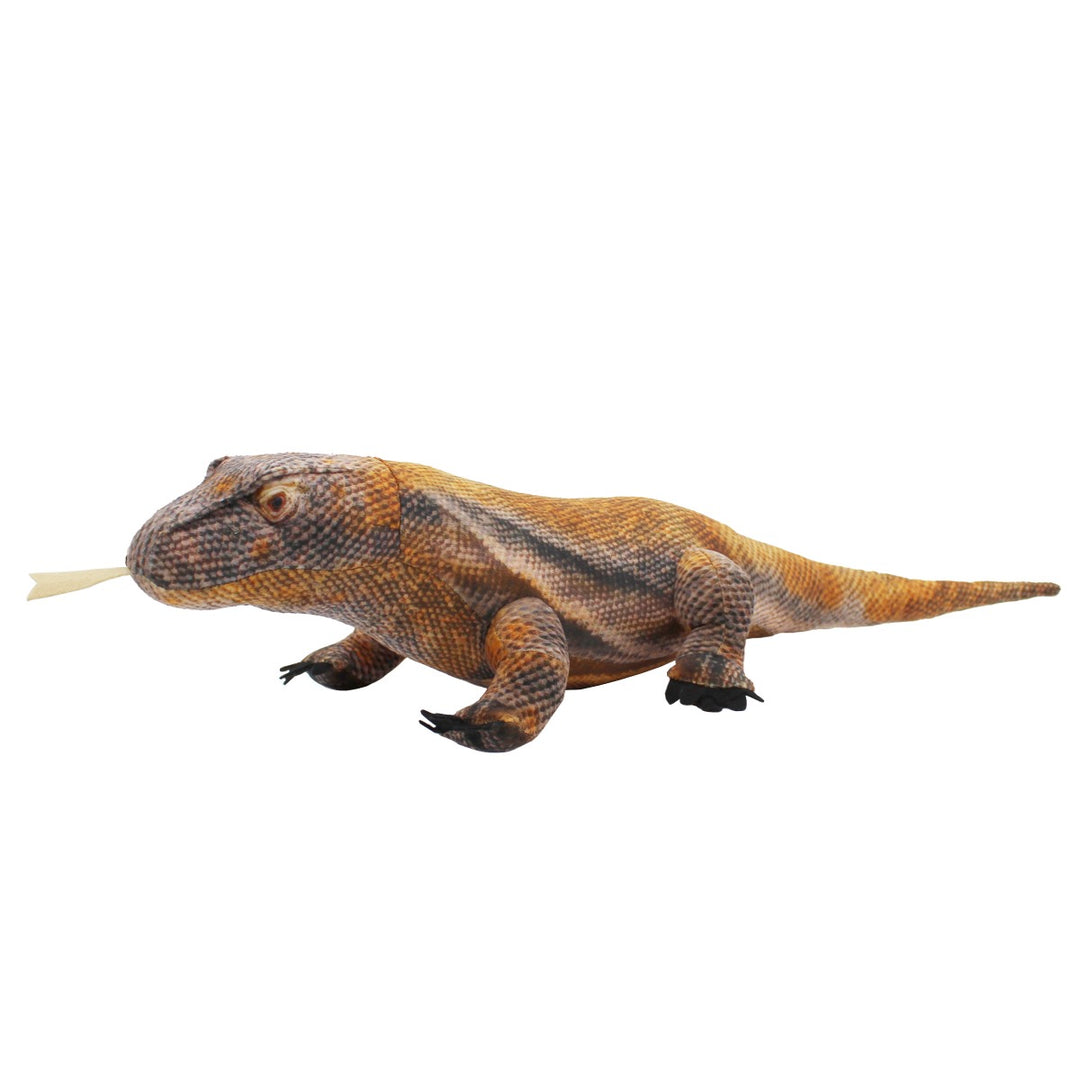 The Eco Komodo Dragon Plush is a realistic stuffed animal made from recycled materials, featuring brown and orange scales, black claws, and a beige felt tongue, shown against a white background.