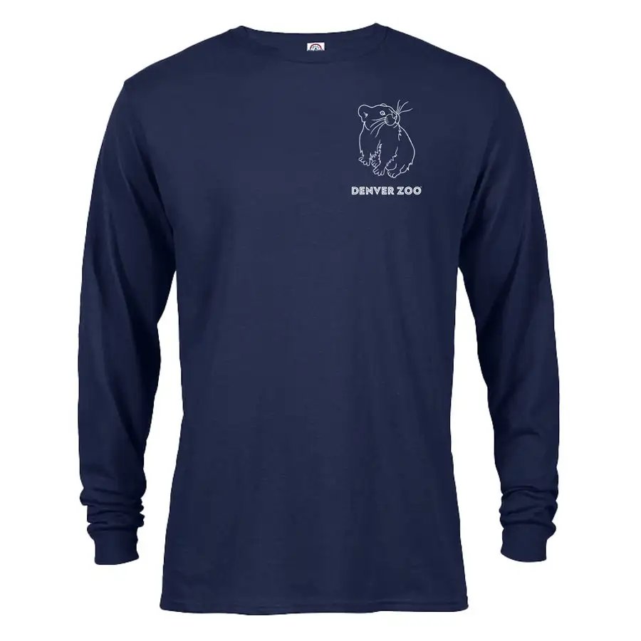 The Denver Zoo Pika Long Sleeve T-Shirt is a navy blue shirt with a white line drawing of a pika in Colorado wildlife art style and "DENVER ZOO" text on the upper left chest.