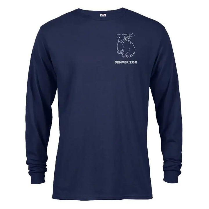 The Denver Zoo Pika Long Sleeve T-Shirt is a navy blue shirt with a white line drawing of a pika in Colorado wildlife art style and "DENVER ZOO" text on the upper left chest.