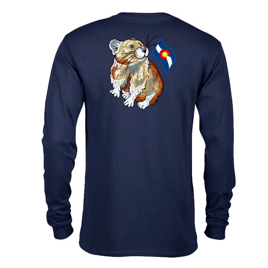 The Denver Zoo Pika Long Sleeve T-Shirt is a navy blue shirt with a pointillist illustration of a pika holding a Colorado state flag on the back.
