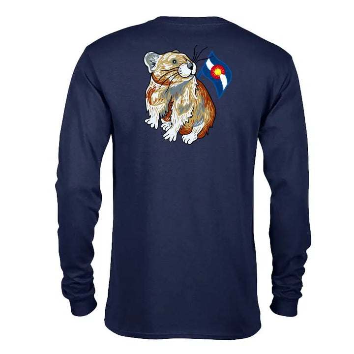 The Denver Zoo Pika Long Sleeve T-Shirt is a navy blue shirt with a pointillist illustration of a pika holding a Colorado state flag on the back.