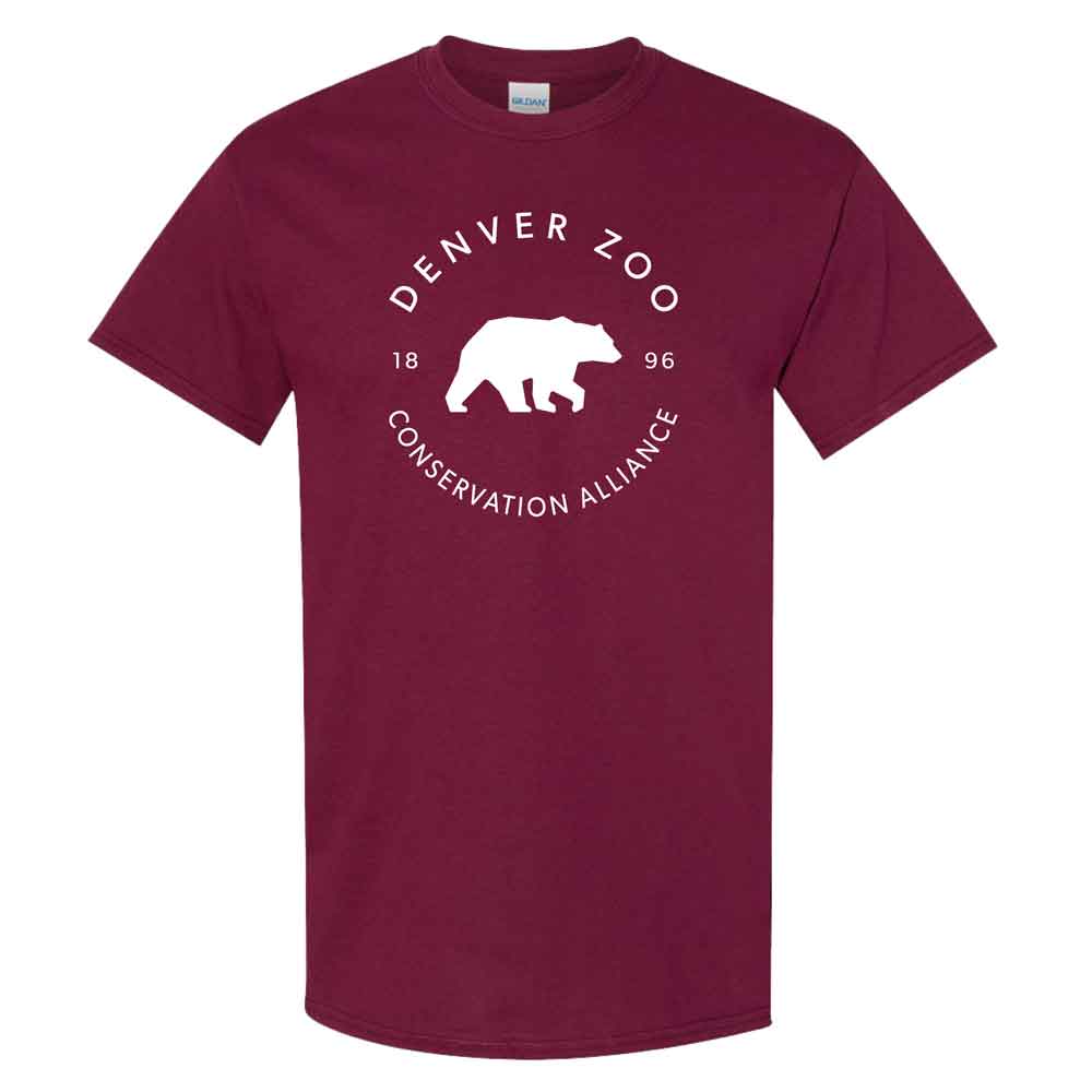 The DZCA Est. 1896 Bear T-Shirt is a maroon unisex tee featuring a white bear graphic, "Denver Zoo Conservation Alliance," and "18" & "96." Made from US-grown cotton for sustainable comfort.