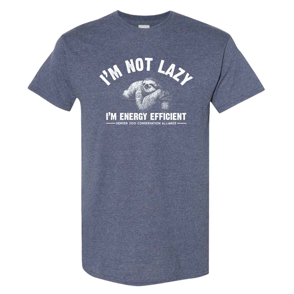 The DZCA 'Not Lazy' T-Shirt is a blue unisex tee made from US-grown cotton, featuring a sloth graphic with the text "IM NOT LAZY, IM ENERGY EFFICIENT" in white and "DENVER ZOO CONSERVATION ALLIANCE" below.