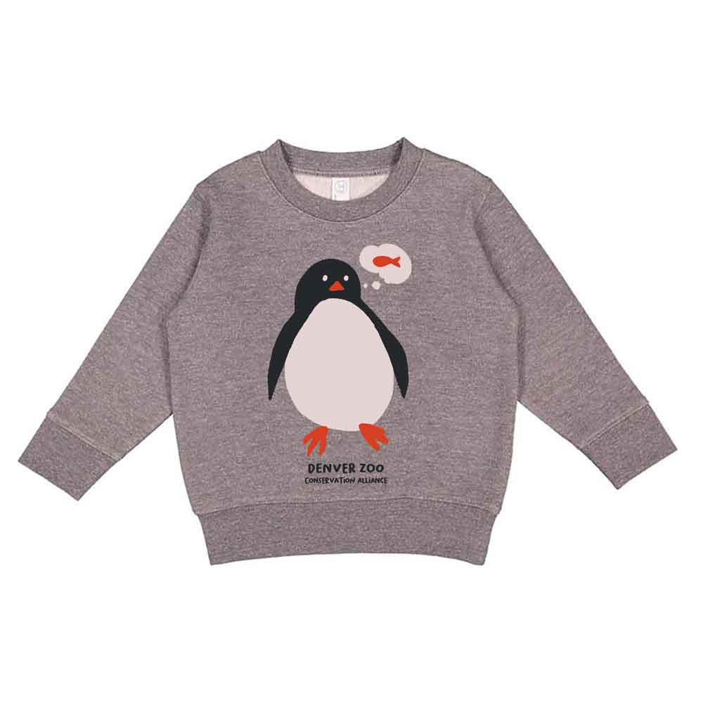 The DZCA Penguin Toddler Crewneck Sweatshirt is a cozy gray top featuring a cartoon penguin dreaming of a fish, with "Denver Zoo Conservation Alumni" below—a perfect pick for little penguin fans!.