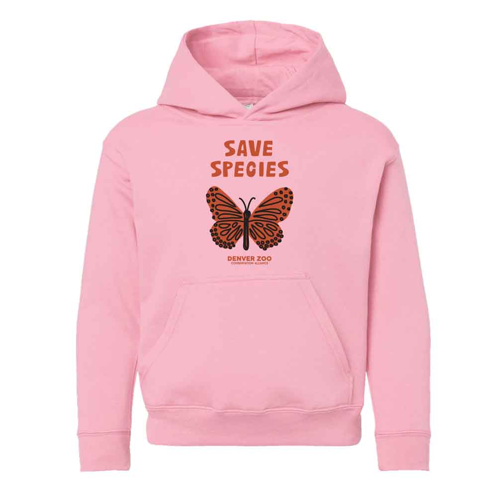 The DZCA Save Species Youth Hooded Sweatshirt is a light pink hoodie with a butterfly illustration and bold orange SAVE SPECIES lettering, perfect for young nature lovers and Denver Zoo supporters.