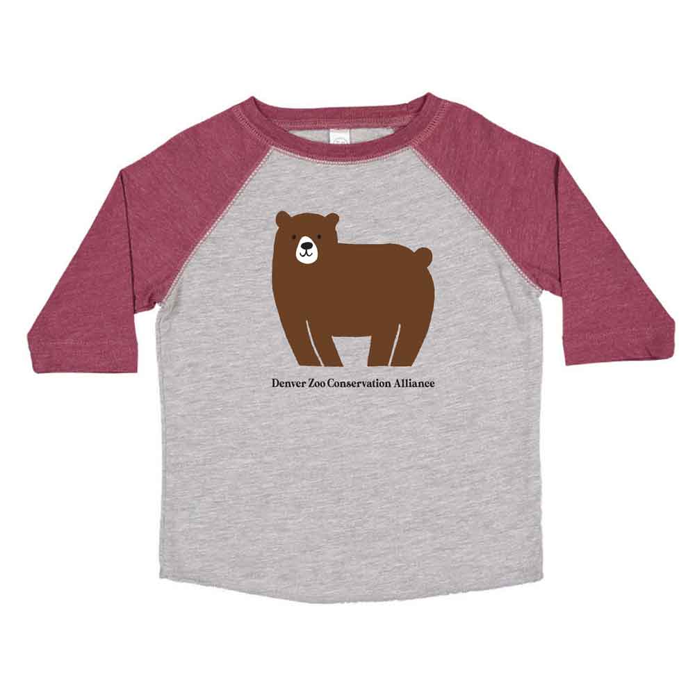 The Brown Bear Toddler Raglan T-Shirt is a gray and maroon tee with a cartoon brown bear and "Denver Zoo Conservation Alliance" text below the illustration.