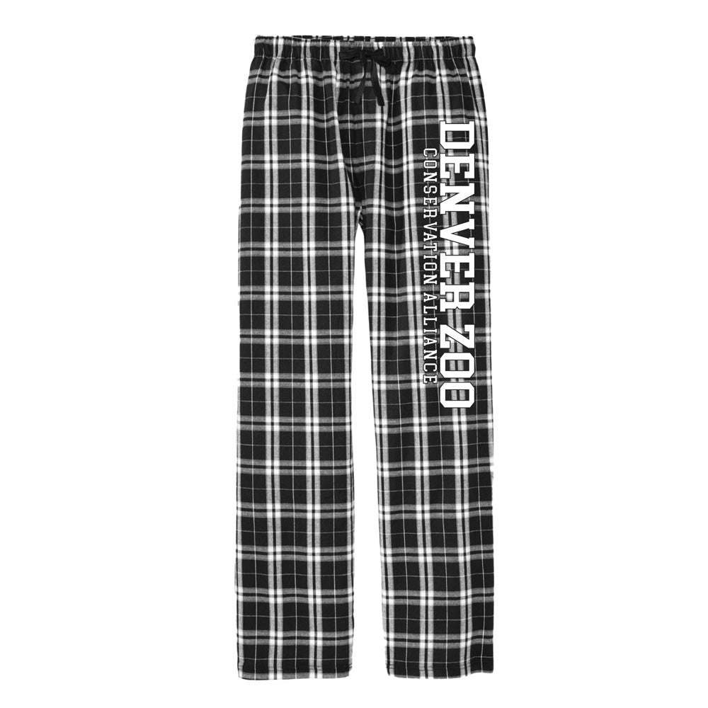 The DZCA Pajama Pant is a black and white plaid cotton pant with an adjustable drawstring waist and "DENVER ZOO CONSERVATION ALLIANCE" printed in large white letters down the left leg.