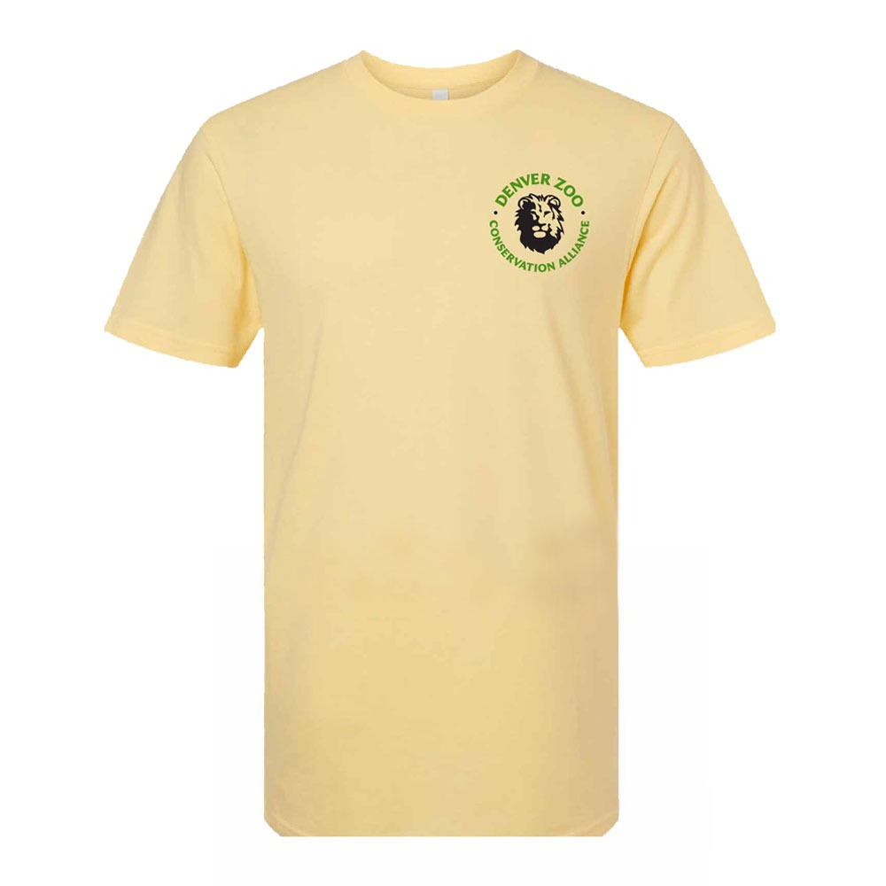 Show your support with the DZCA Greetings from Denver T-Shirt—a light yellow shirt featuring a small green and black Denver Zoo Conservation Alliance lion logo on the left chest. Stylish zoo apparel for any fan!.