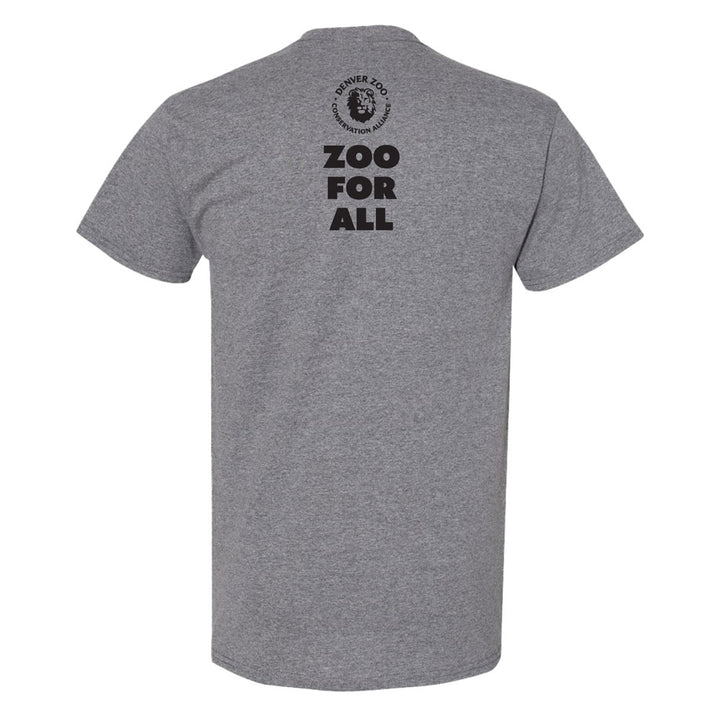 A heather gray unisex classic fit DZCA Tiger Pride T-Shirt shown from the back, featuring the Denver Zoo circular logo near the top and bold black "ZOO FOR ALL" text below.