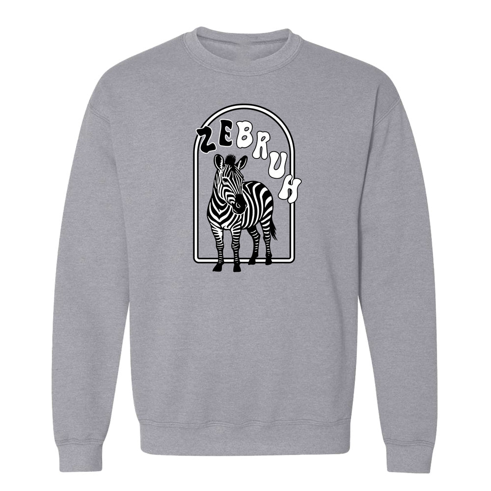 The ZeBRUH Crew Sweatshirt is a unisex gray crewneck featuring a black and white zebra illustration inside an arch with bold, playful "ZeBRUH Crew Sweatshirt" text above.