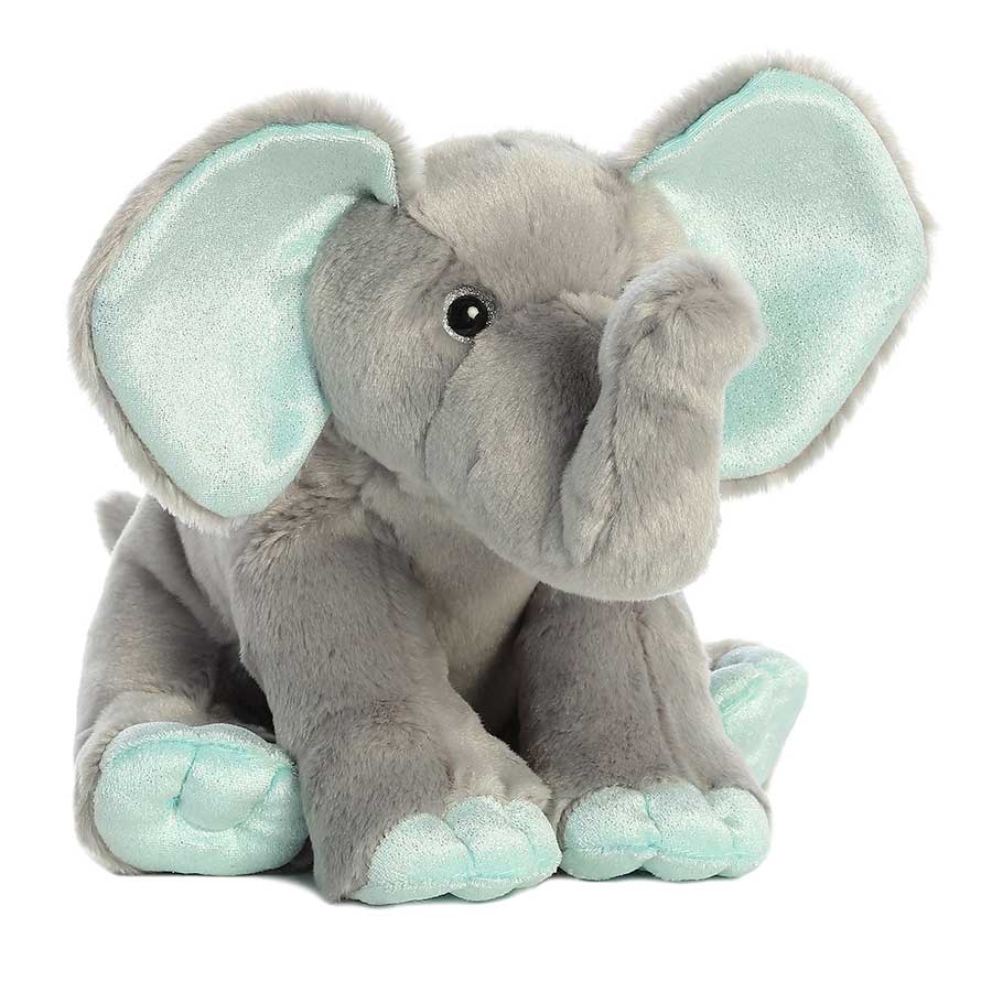 The Plush Eco-Friendly Elephant w/ Mint Ears is a soft, gray stuffed toy with mint-colored inner ears, feet, and trunk tip, sitting upright with large ears and a curved trunk.