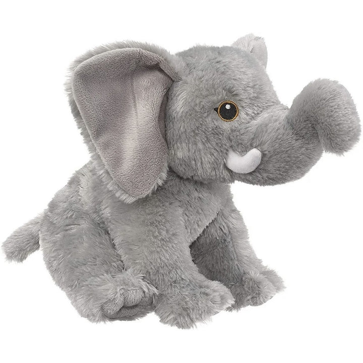 The Eco Plush Stuffed Elephant is a soft gray toy with large floppy ears, white tusks, and a curled trunk. It sits upright and faces right.