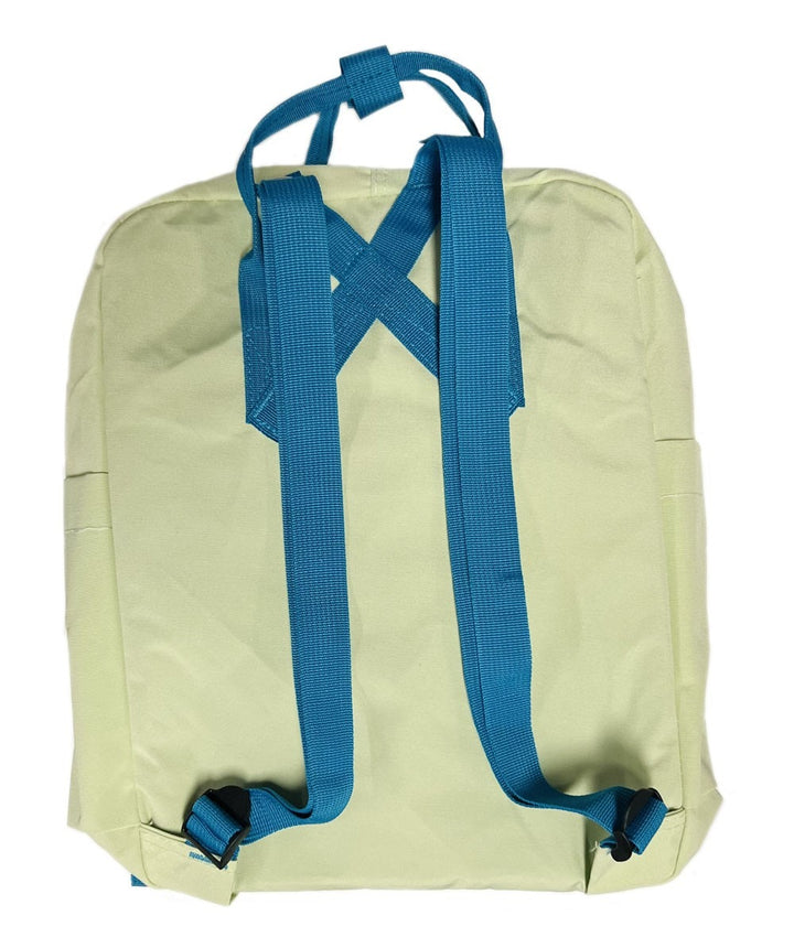 The Protect Our Planet Backpack is an eco-friendly light green canvas backpack with adjustable blue shoulder straps, a blue top handle, and a custom patch for added style, shown from the back.