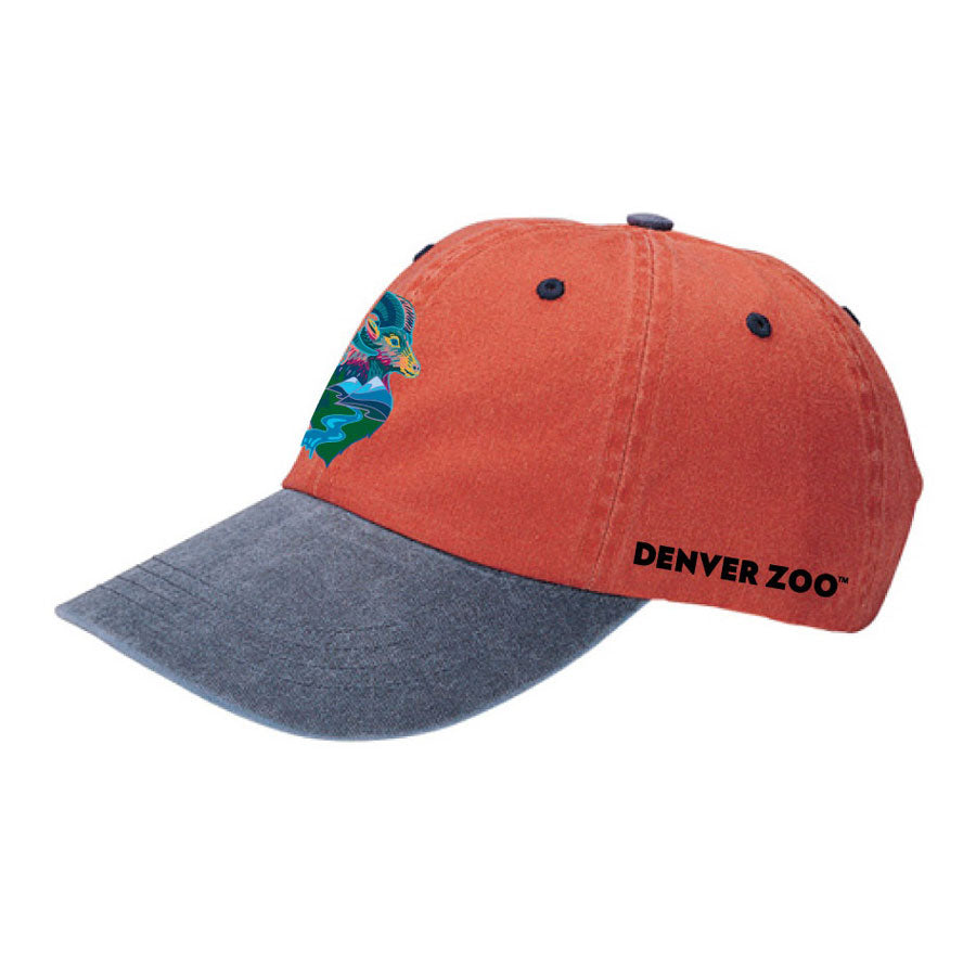 The Denver Zoo Ram Dad Cap features an orange and gray design with a colorful animal logo on the front left and “DENVER ZOO®” in black lettering on the right side.