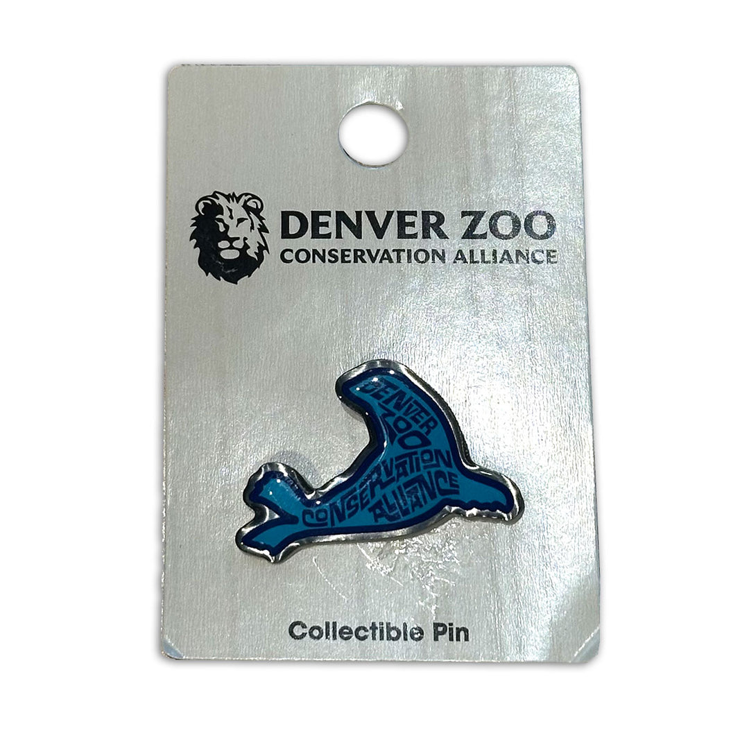 The DZCA Sea Lion Lapel Pin, featuring "Denver Zoo Conservation Alliance" and attached to a card with the lion logo, is ideal for Denver Zoo fans and wildlife conservation supporters.