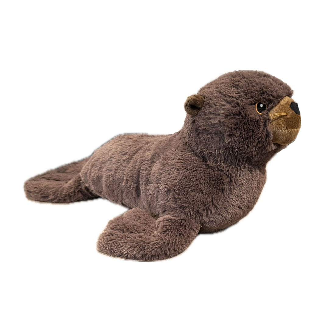 The Eco Sea Lion Plush is a soft toy shaped like a sea lion, made from recycled materials. It features a fuzzy texture, rounded ears, black eyes, and outstretched flippers and tail for a lifelike look.