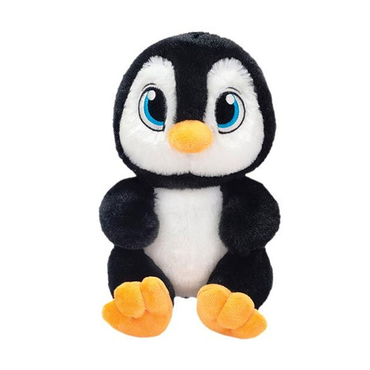The Swaddle Babies Penguin Plush sits upright on a white background, featuring black and white fur, bright blue eyes, an orange beak and feet, resembling a cozy swaddled baby penguin.