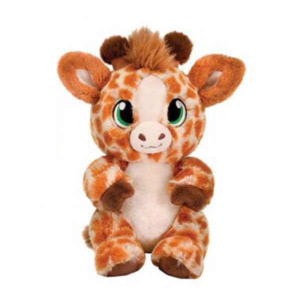 The Plush Swaddle Babies Giraffe is a soft toy with orange and white spots, large green and black eyes, brown hooves, and a tuft of brown hair, shown sitting upright against a white background.