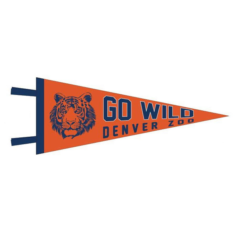 The Go Wild Pennant is an orange retro flag featuring a blue tiger face and "GO WILD DENVER ZOO" in blue letters. Two blue stripes on the left edge make it easy to display—an ideal Denver Zoo keepsake for big cat lovers!.