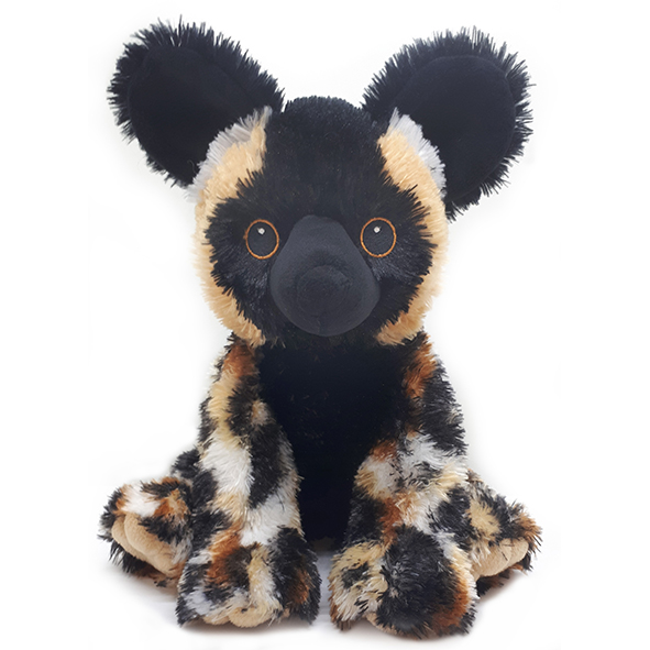 The Eco Plush African Wild Dog is an eco-friendly stuffed toy featuring large black ears, round orange eyes, and soft fur with black, tan, and white patches.