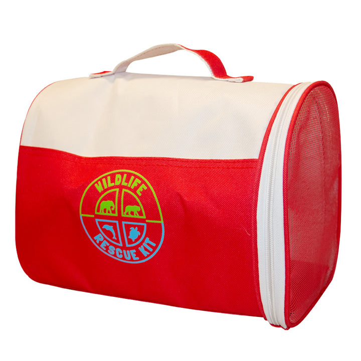 The Wildlife Rescue Kit is a red and white fabric bag with a handle, mesh side, zipper, and a circular “Wildlife Rescue Kit” logo featuring animal icons—ideal for carrying plush animals on any adventure.