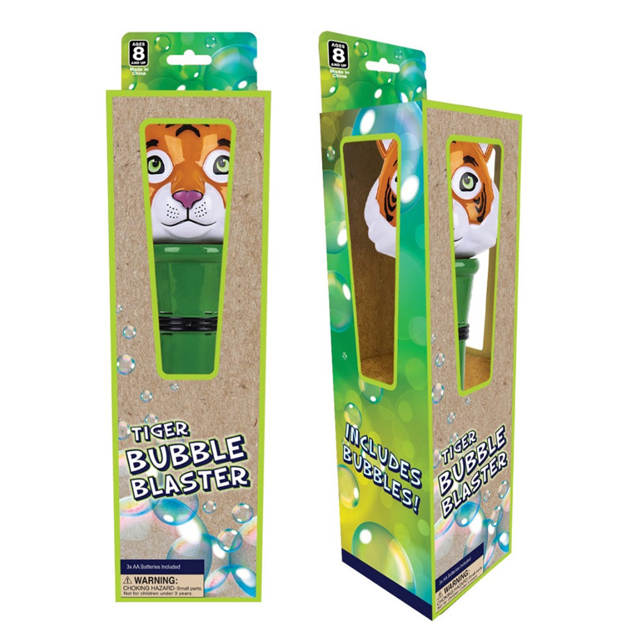 Two boxes of Light Up Tiger Bubble Wand toys are displayed. The vibrant packaging showcases a tiger-shaped bubble wand and reads "Light Up Tiger Bubble Wand" on one side and "Includes Bubbles!" on the other, perfect for bubble play.